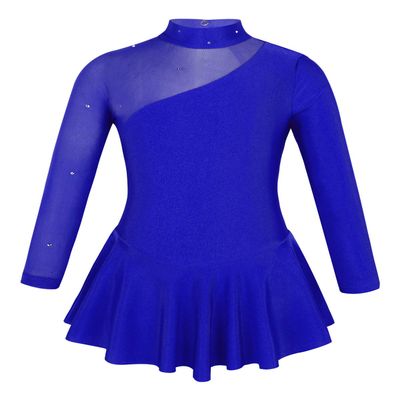 CHICTRY Girls' Sparkly Mock Neck Mesh Figure Ice Skating Dress Spandex Long Sleeves Dance Leotard Sapphire 12