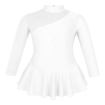 CHICTRY Girls' Sparkly Mock Neck Mesh Figure Ice Skating Dress Spandex Long Sleeves Dance Leotard Pure White 10