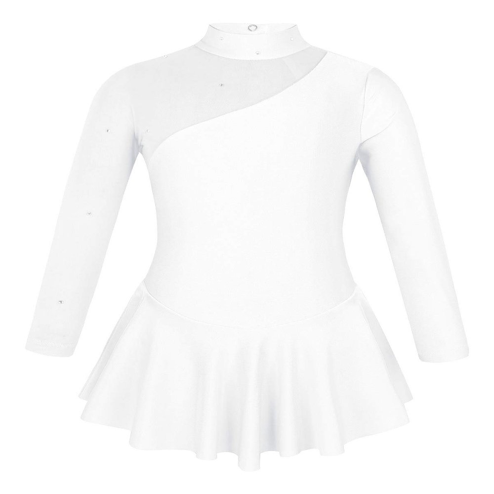 CHICTRY Girls' Sparkly Mock Neck Mesh Figure Ice Skating Dress Spandex Long Sleeves Dance Leotard Pure White 10