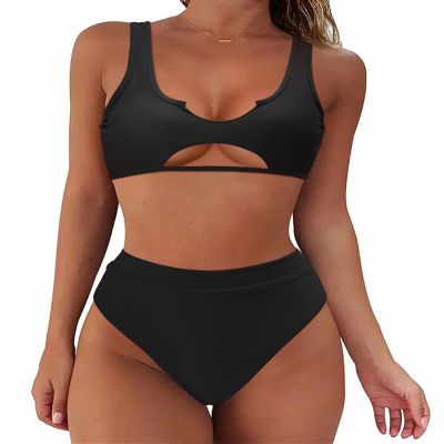 SUUKSESS Women Cutout Bikini Sets Push Up High Waisted Swimsuits 2 Piece (M(4-6), Black)