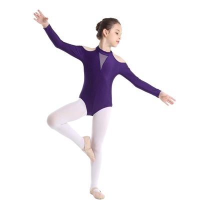 Aislor Kids Girls Off-Shoulder Mock Neck Cutout Back Ballet Dance Leotard Gymnastics Fitness Jumpsuit Bodysuit Purple 5-6X