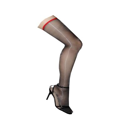 Long-Perfect 1D Ultra-thin Oily Bright Shimmery Stockings Thigh High Shiny Back Line Tights Stockings 1 Denier (Black-red line)