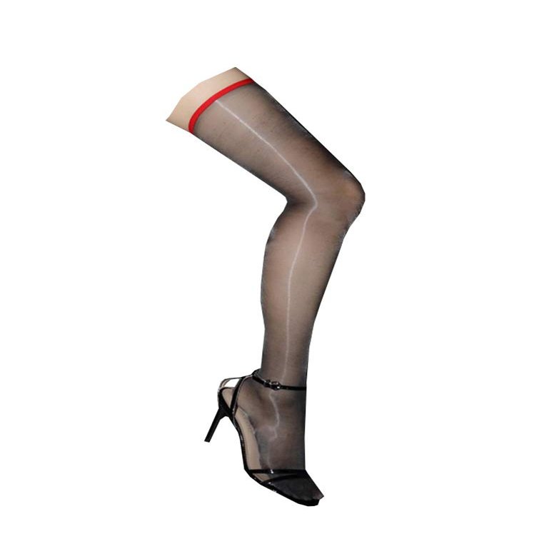 Long-Perfect 1D Ultra-thin Oily Bright Shimmery Stockings Thigh High Shiny Back Line Tights Stockings 1 Denier (Black-red line)