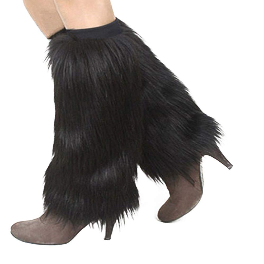 AkoMatial 1 Pair Winter Fashion Long Leg Warmers Furry Solid Color Faux Fur Soft Boot Covers for Women - Black 30cm