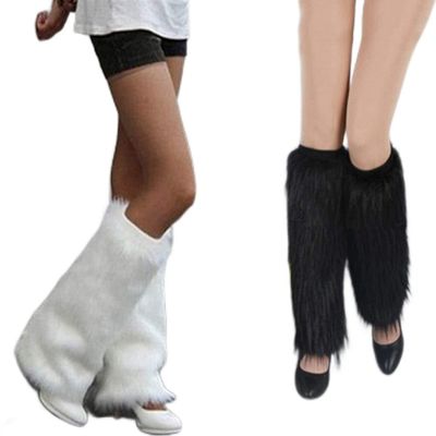 AkoMatial Women's Winter Fashion Solid Color Comfortable Boot Covers Warm Furry Faux Fur Long Leg Warmers - White 20cm