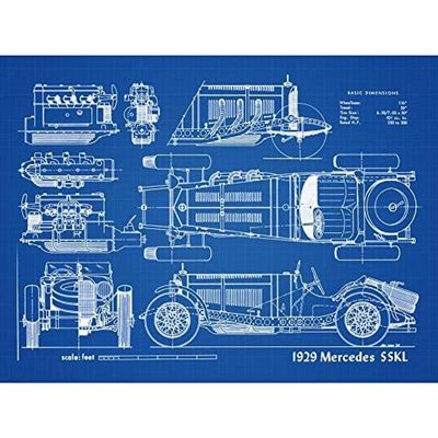 Artery8 Classic Sports Car 1929 SSKL Blueprint Plan Art Print Canvas Premium Wall Decor Poster Mural