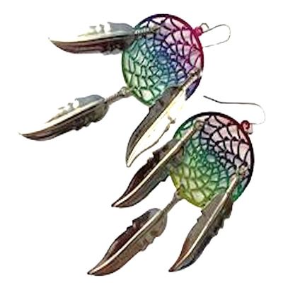 1 PAIR 3 INCH METAL DREAM CATCHER RAINBOW WITH SILVER DANGLE EARRINGS WITH FEATHERS