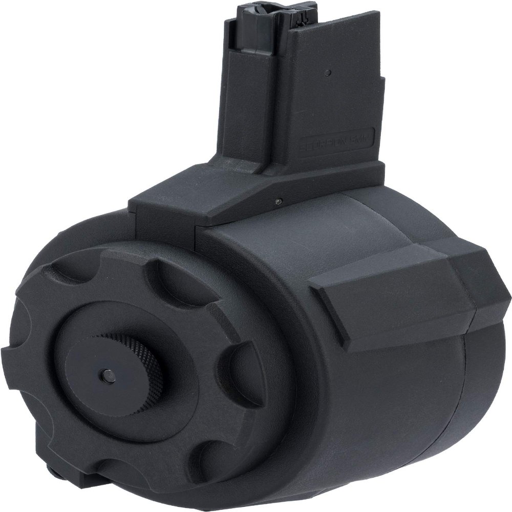 Evike Airsoft - Angel Custom 1500 Round Firestorm AEG Airsoft Drum Flashmag (Model: Scorpion EVO/Black)