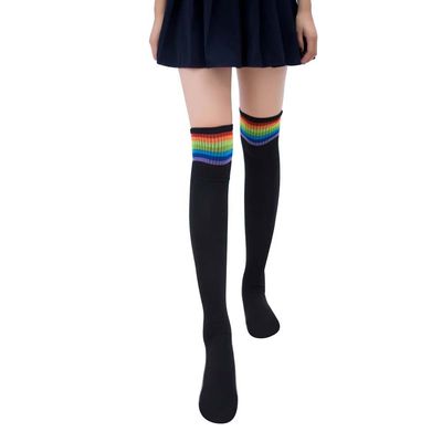AkoMatial Winter Cotton Breathable Rainbow Stripe Tube Dress Over the Knee Thigh High Cosplay Socks for Women Girl - Black