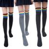 AkoMatial Winter Cotton Breathable Rainbow Stripe Tube Dress Over the Knee Thigh High Cosplay Socks for Women Girl - Black view 2