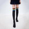AkoMatial Winter Cotton Breathable Rainbow Stripe Tube Dress Over the Knee Thigh High Cosplay Socks for Women Girl - Black view 4