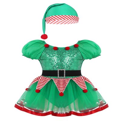 Agoky Girls Sequins Figure Ice Skating Roller Skating Ballet Dance Dress Christmas Santa Dance Costume Green Striped 1-2