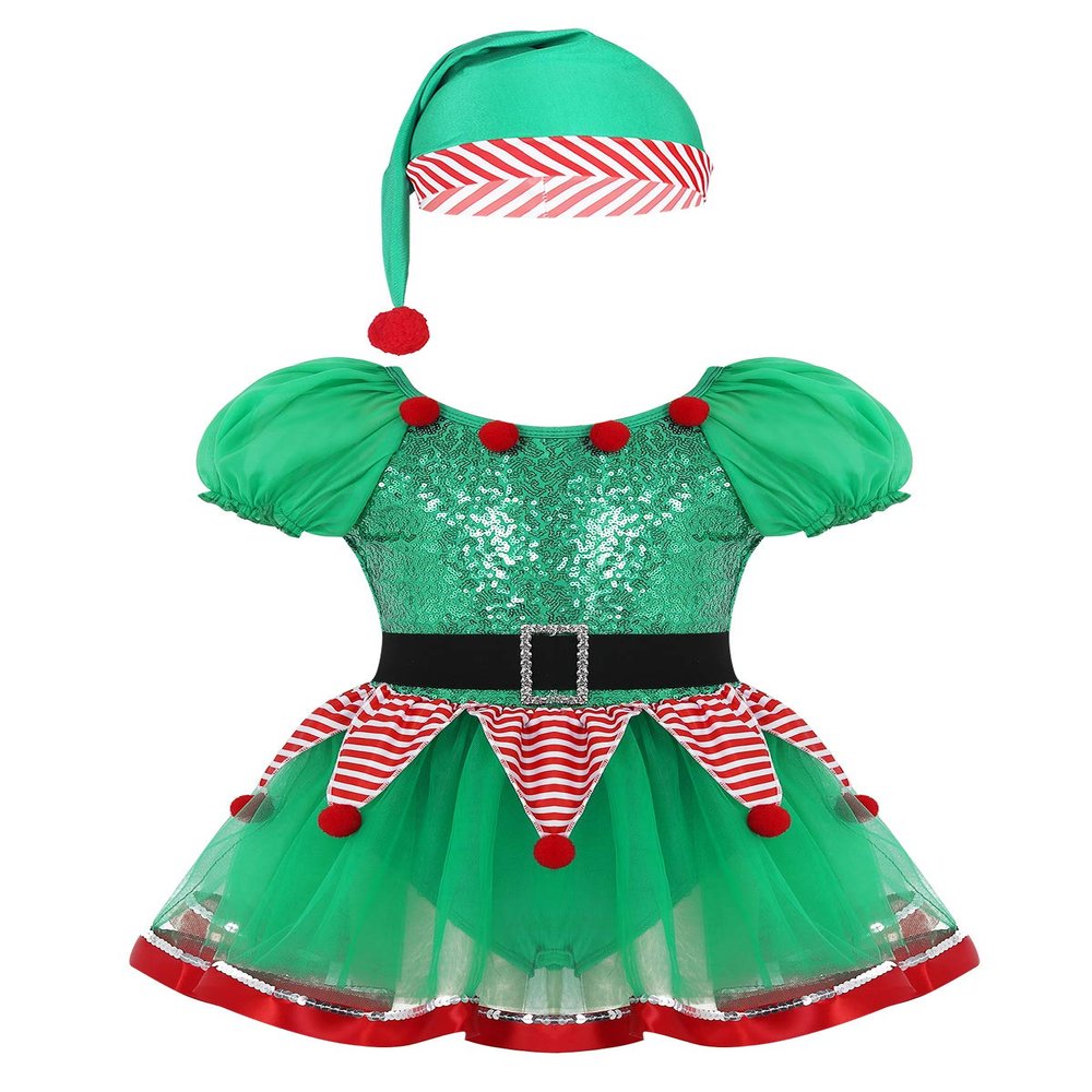 Agoky Girls Sequins Figure Ice Skating Roller Skating Ballet Dance Dress Christmas Santa Dance Costume Green Striped 1-2