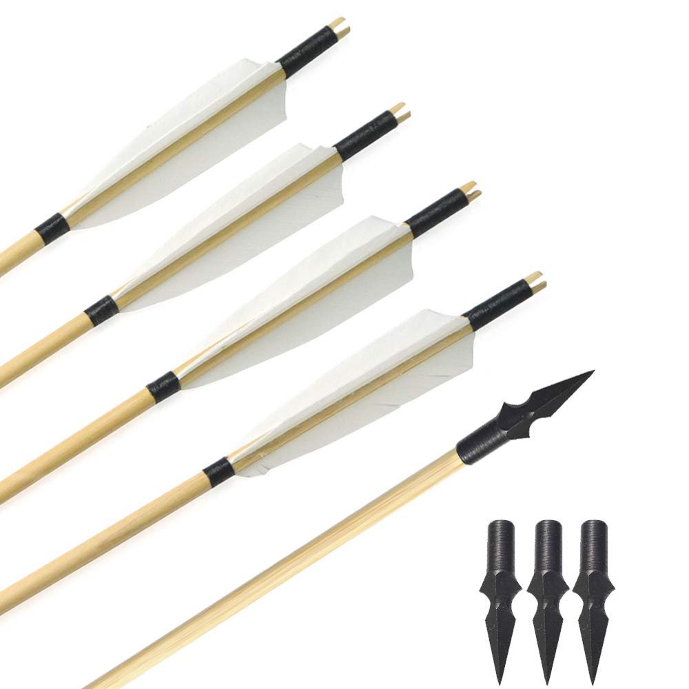 SHARROW Archery Wooden Arrows 31" Handmade Wooden Shaft Target Arrows with 5" Turkey Feathers and Replaceable Broadheads for Recurve Bow Longbow (Types 2, 6pcs)