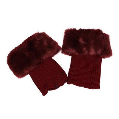 AkoMatial Solid Color Short Leg Warmer Winter Warm Elastic Faux Fur Crochet Knit Cuffs Boot Toppers Socks for Women - Wine Red