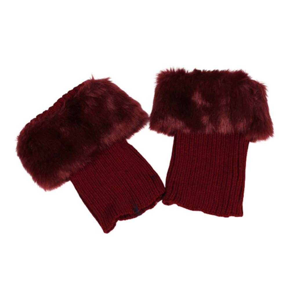 AkoMatial Solid Color Short Leg Warmer Winter Warm Elastic Faux Fur Crochet Knit Cuffs Boot Toppers Socks for Women - Wine Red