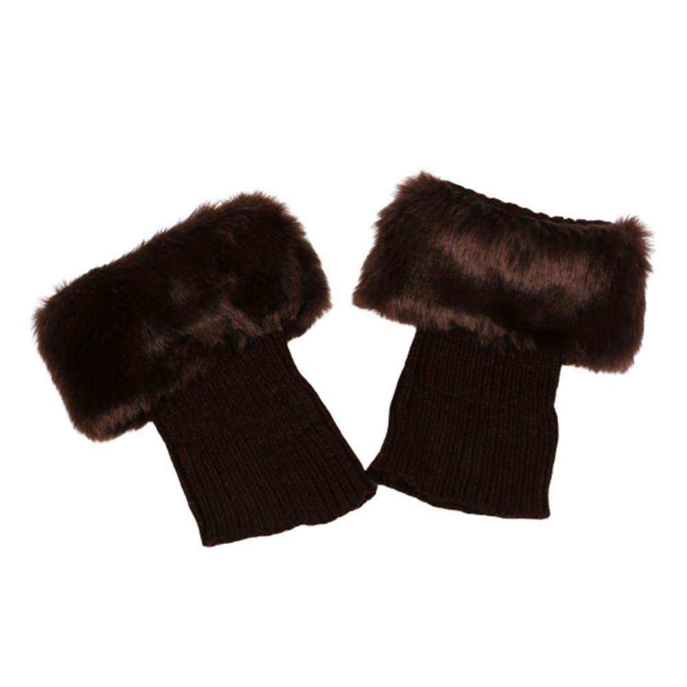 AkoMatial Solid Color Short Leg Warmer Winter Warm Elastic Faux Fur Crochet Knit Cuffs Boot Toppers Socks for Women - Coffee