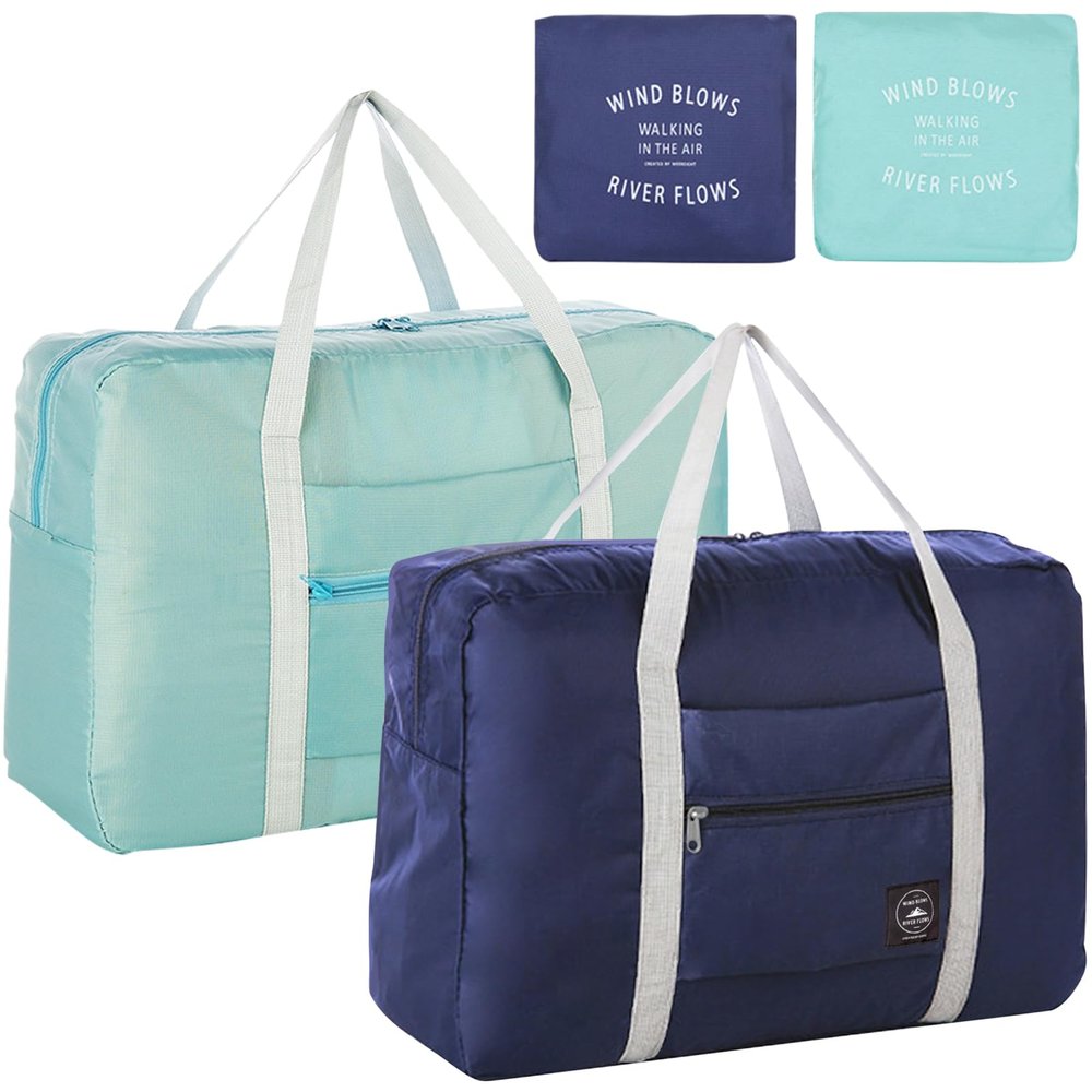 Foldable Travel Duffel Bag 2PCS Tote Carry on Luggage Bag Spirit Airlines Personal item Sports Gym Bag Water Resistant Weekender Overnight Bags for Women and Men (Green+Blue)