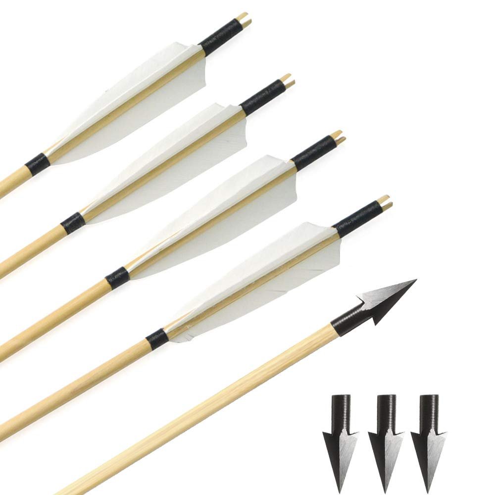 SHARROW Archery Wooden Arrows 31" Handmade Wooden Shaft Target Arrows with 5" Turkey Feathers and Replaceable Broadheads for Recurve Bow Longbow (Types 1, 6pcs)