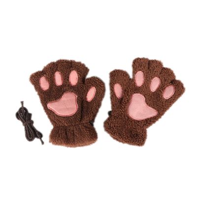 Elonglin Warm Plush Half Finger Gloves Women Girls Winter Fleece Mittens Cute Cat Pads Pattern Brown