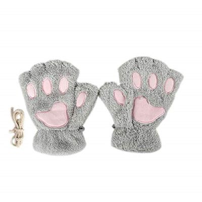 Elonglin Warm Plush Half Finger Gloves Women Girls Winter Fleece Mittens Cute Cat Pads Pattern Grey