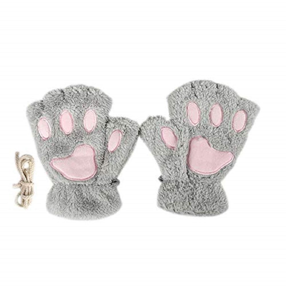 Elonglin Warm Plush Half Finger Gloves Women Girls Winter Fleece Mittens Cute Cat Pads Pattern Grey