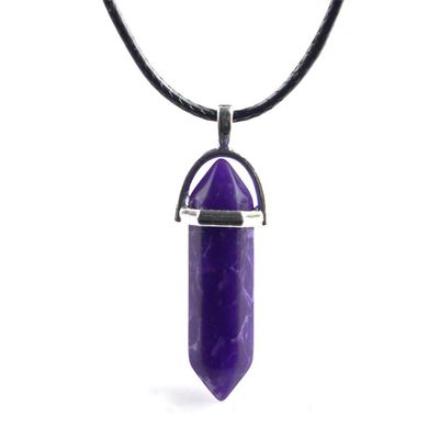 Anglacesmade Bullet Shape Gemstone Choker Necklace Hexagonal Pointed Reiki Chakra Pendant Leather Necklace Bohemian Jewelry for Women(Purple Turquoise)