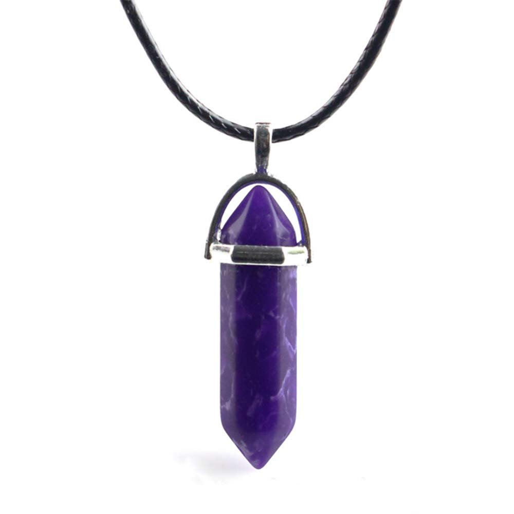 Anglacesmade Bullet Shape Gemstone Choker Necklace Hexagonal Pointed Reiki Chakra Pendant Leather Necklace Bohemian Jewelry for Women(Purple Turquoise)