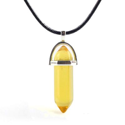 Anglacesmade Bullet Shape Gemstone Choker Necklace Hexagonal Pointed Reiki Chakra Pendant Leather Necklace Bohemian Jewelry for Women (Citrine Crystal)