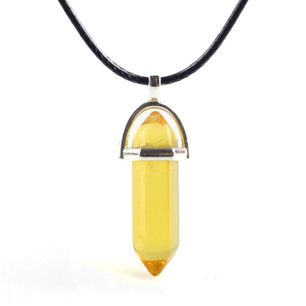 Anglacesmade Bullet Shape Gemstone Choker Necklace Hexagonal Pointed Reiki Chakra Pendant Leather Necklace Bohemian Jewelry for Women (Citrine Crystal)