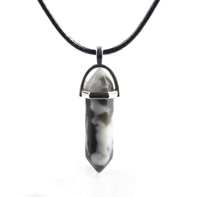 Anglacesmade Bullet Shape Gemstone Choker Necklace Hexagonal Pointed Reiki Chakra Pendant Leather Necklace Bohemian Jewelry for Women(Snow Turquoise)