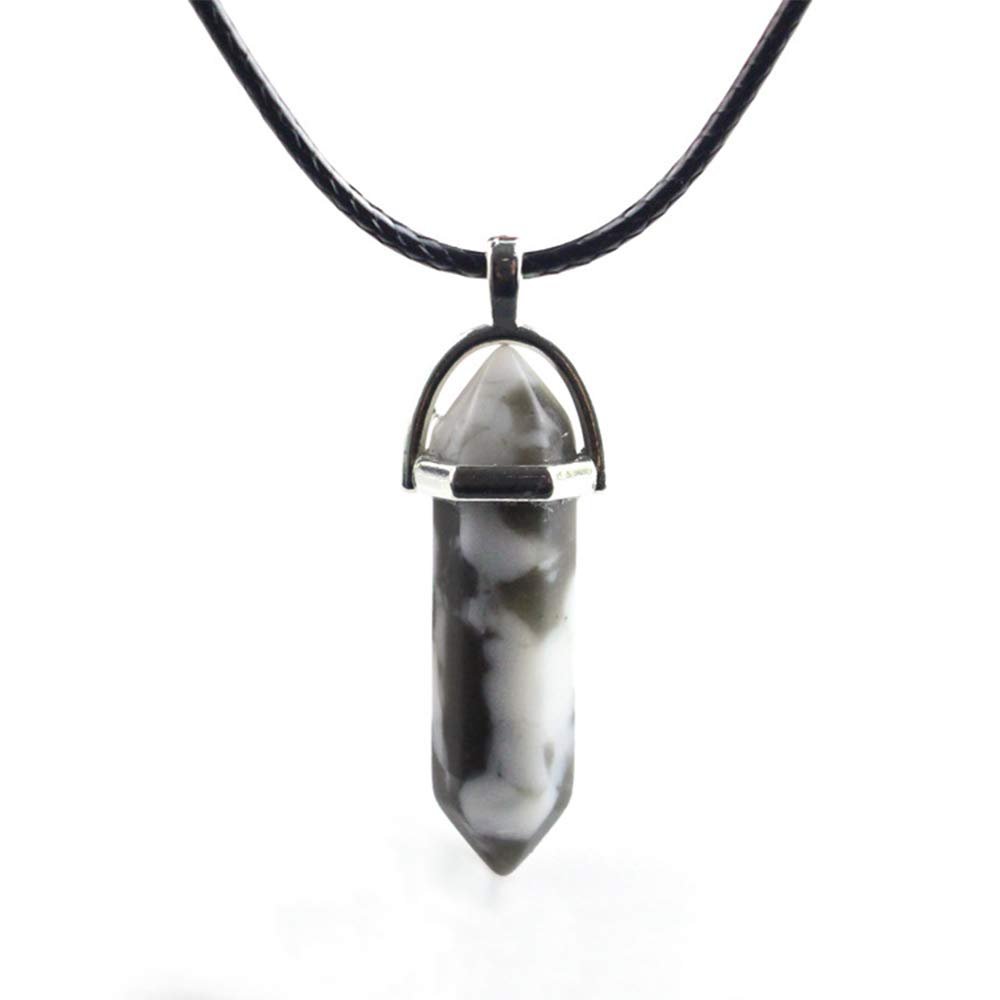 Anglacesmade Bullet Shape Gemstone Choker Necklace Hexagonal Pointed Reiki Chakra Pendant Leather Necklace Bohemian Jewelry for Women(Snow Turquoise)