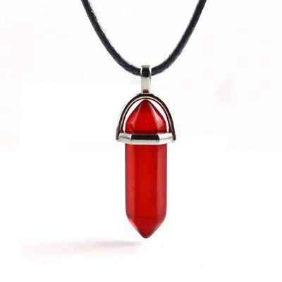 Anglacesmade Bullet Shape Gemstone Choker Necklace Hexagonal Pointed Reiki Chakra Pendant Leather Necklace Bohemian Jewelry for Women(Red Glass)