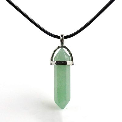 Anglacesmade Bullet Shape Gemstone Choker Necklace Hexagonal Pointed Reiki Chakra Pendant Leather Necklace Bohemian Jewelry for Women(Tangling Jade)