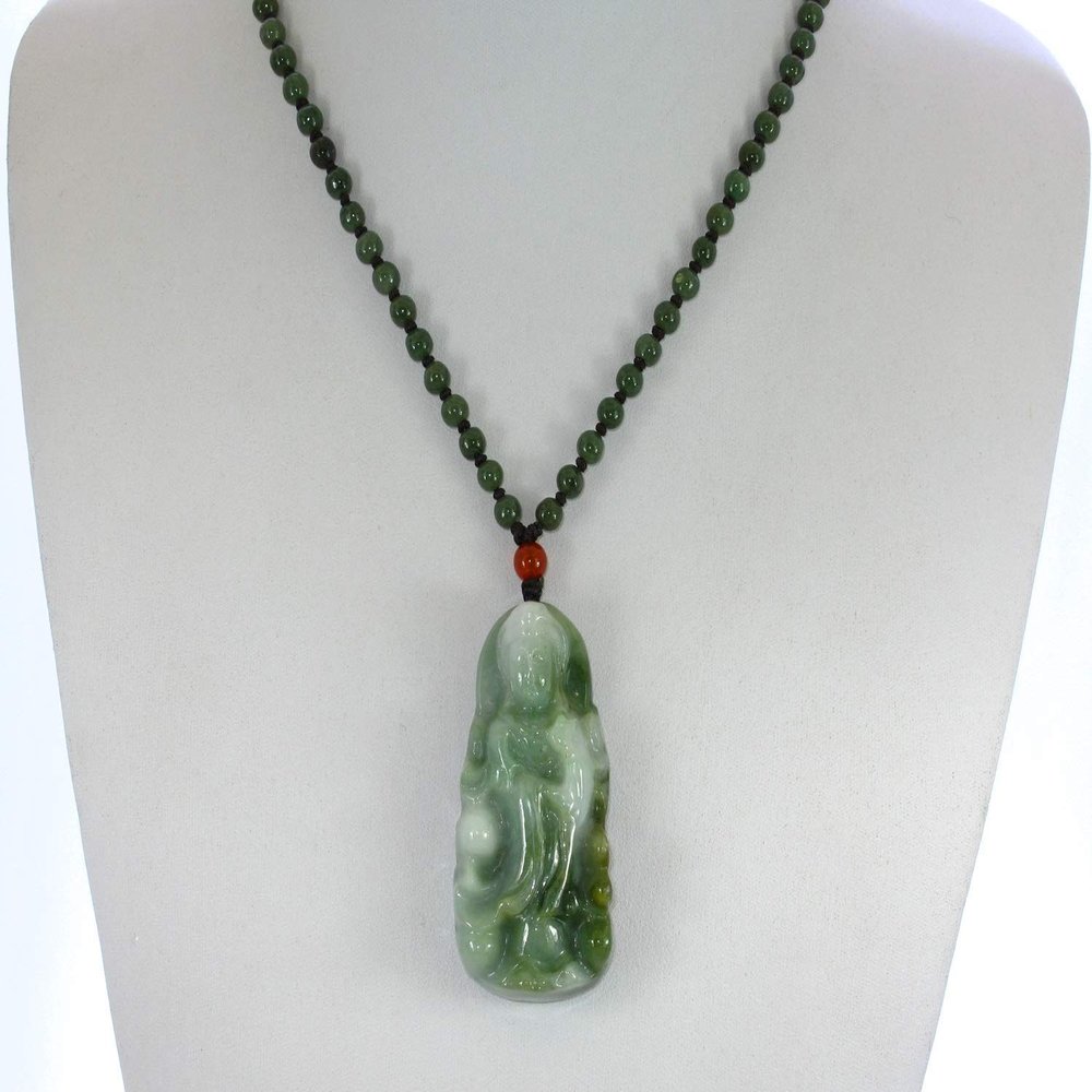 2.4" China Certified Grade A Nature Hisui Jadeite Jade Blessing Kwanyin Hand Carved Neckalce Pendants 0136
