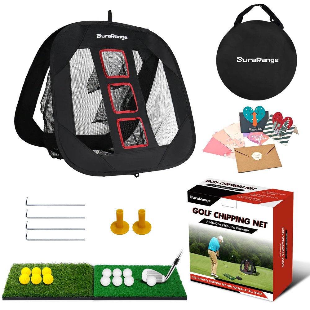 DURARANGE Pop-up Golf Chipping Net Set - Foldable Training Kit with 2 Hitting Mats, 6 Practice Balls, 6 Foam Balls - Ultimate Golf Gift & Target Chipping Aids, Black