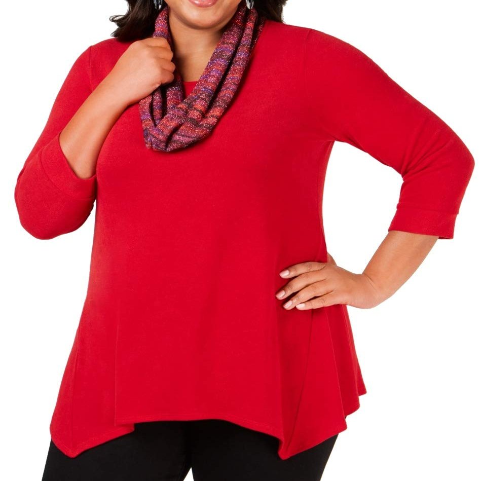 NY CoIIection Plus Size Handkerchief Hem Top Printed Scarf Red 1X