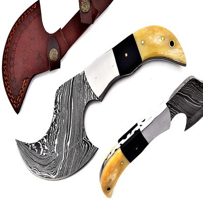 FB LEATHER CRAFTS Tactical Combat Custom Made Damascus Steel Hunting Axe/Throwing Hatchets Smart Axe FBA-0013 (Natural Bone and Black Horn)