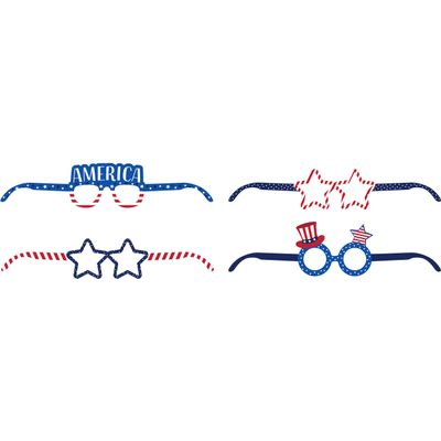 Creative Converting Patriotic Fourth of July Paper Eyeglasses, 3. 5" x 16. 5" (1), 3. 25" x 16. 5" (2), 4. 25" x 16. 5" (1), Multi-color