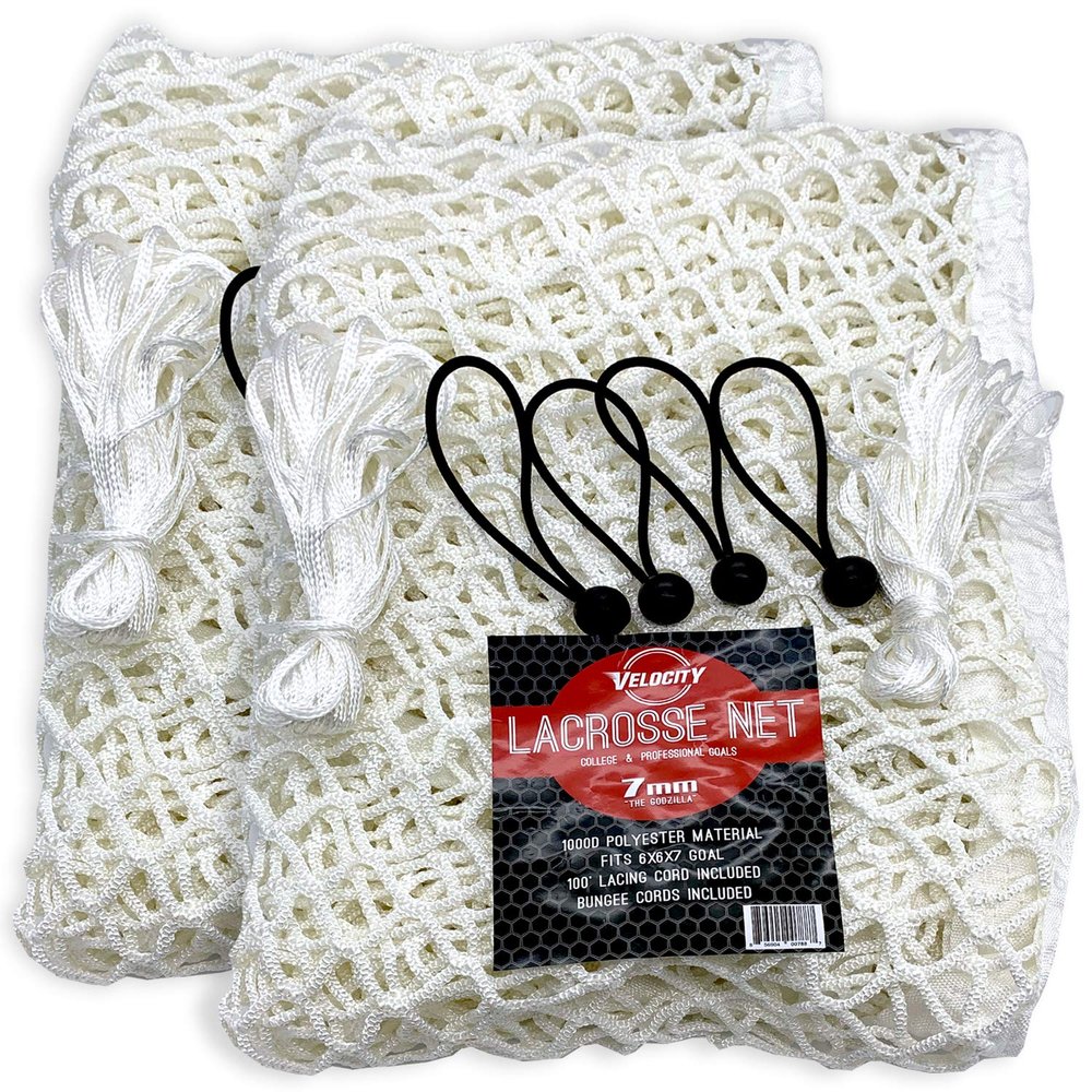 Velocity 7MM Heavy Duty White Lacrosse Net, 2 Pack - Fits 6x6x7 Goals - Weatherproof, UV Resistant 1000D High-Strength Polyester - Comes with 100+ Feet of Lacing Cord and 4 Quick Ties