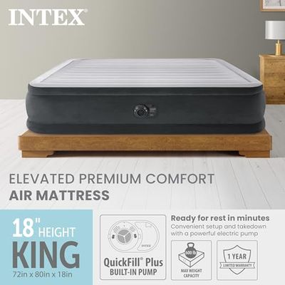 Intex 18" Inflatable King Air Mattress, Elevated Premium Comfort with Built-in Pump, Self-Inflating Portable Blow-Up Airbed for Guest Bed or Camping
