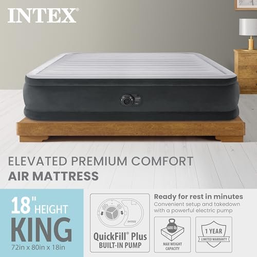 Intex 18" Inflatable King Air Mattress, Elevated Premium Comfort with Built-in Pump, Self-Inflating Portable Blow-Up Airbed for Guest Bed or Camping