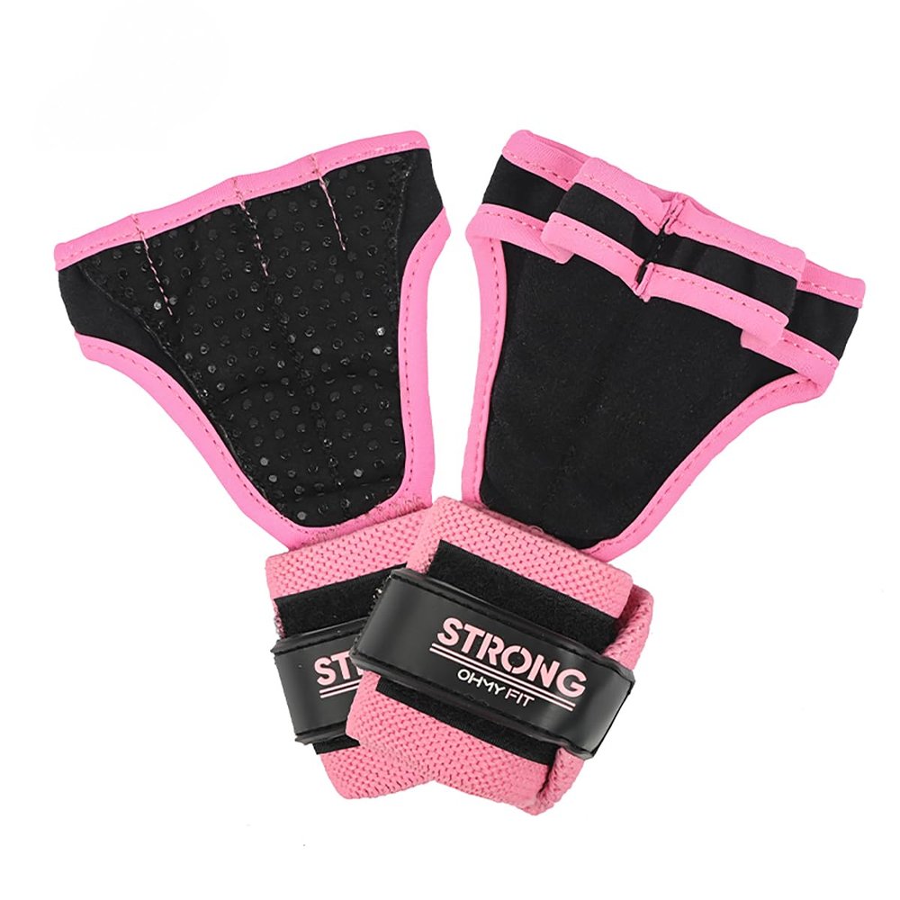 OHMY FIT Strong Women's Wrist Wrap Gloves - Wrist Support and Palm Protection Glove - Crossfit Grips - Training Accessories Great for Workout, Weight Lifting, Pilates, Yoga & More (Large, Pink)