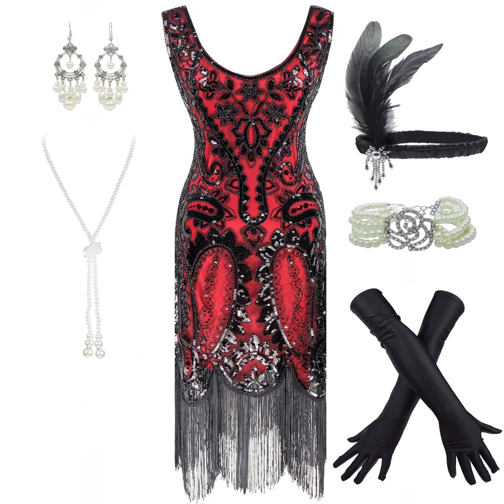 Women's 1920s Flapper Fringe Beaded Great Gatsby Party Dress with Costume Set (Small, Black&Red)