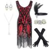 Women's 1920s Flapper Fringe Beaded Great Gatsby Party Dress with Costume Set (Small, Black&Red) view 1