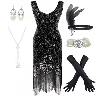Women's 1920s Flapper Fringe Beaded Great Gatsby Party Dress with Costume Set (X-Large, Black)