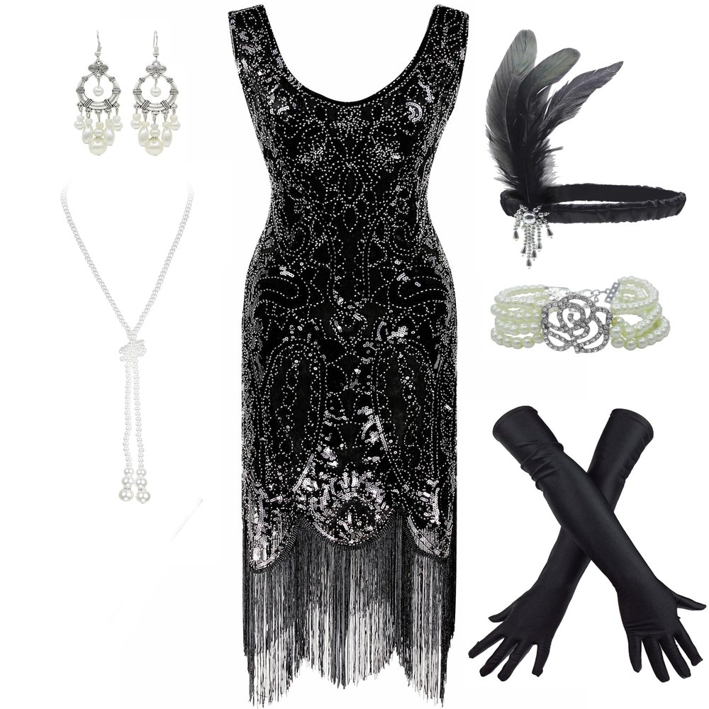 Women's 1920s Flapper Fringe Beaded Great Gatsby Party Dress with Costume Set (X-Large, Black)