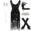 Women's 1920s Flapper Fringe Beaded Great Gatsby Party Dress with Costume Set (X-Large, Black) view 1