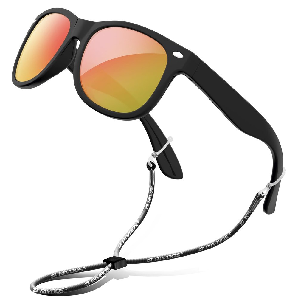RIVBOS Kids Sunglasses Polarized UV Protection Flexible Rubber Glasses Shades with Strap for Boys Girls Black Red