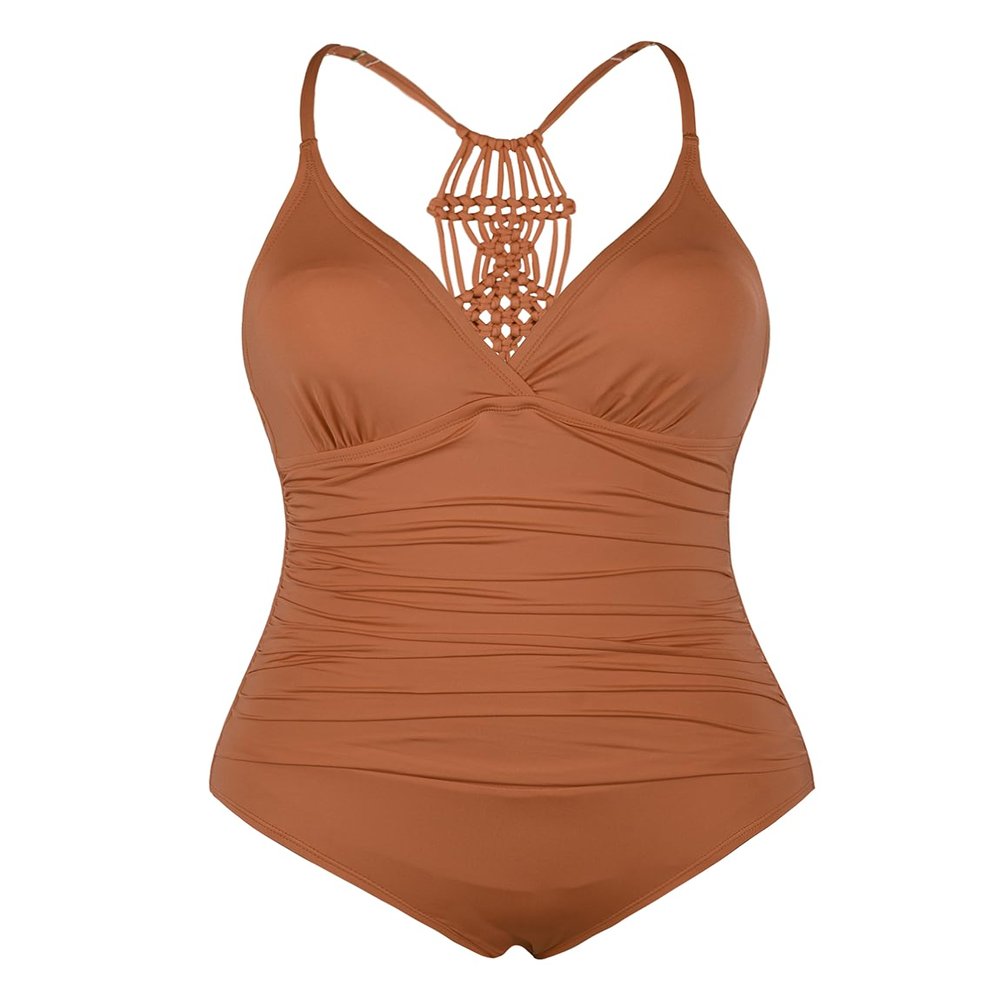 Firpearl Women's Halter One Piece Swimsuits Braid Macrame Ruched Tummy Control Swimwear Tangy Orange US6